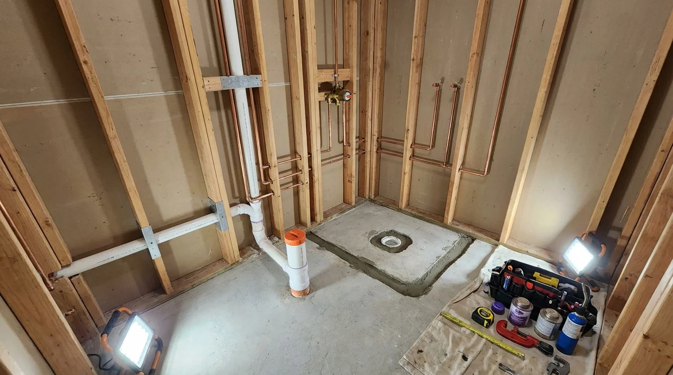 Bathroom rough-in plumbing during remodel by Johns Plumbing LLC in Whately