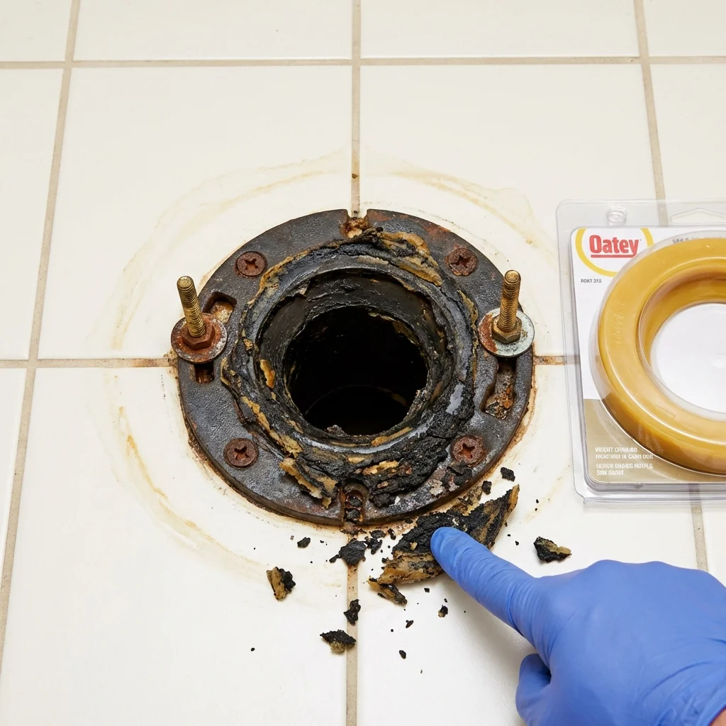 Failed wax ring showing water seepage at the base of a toilet in a Whately, MA home