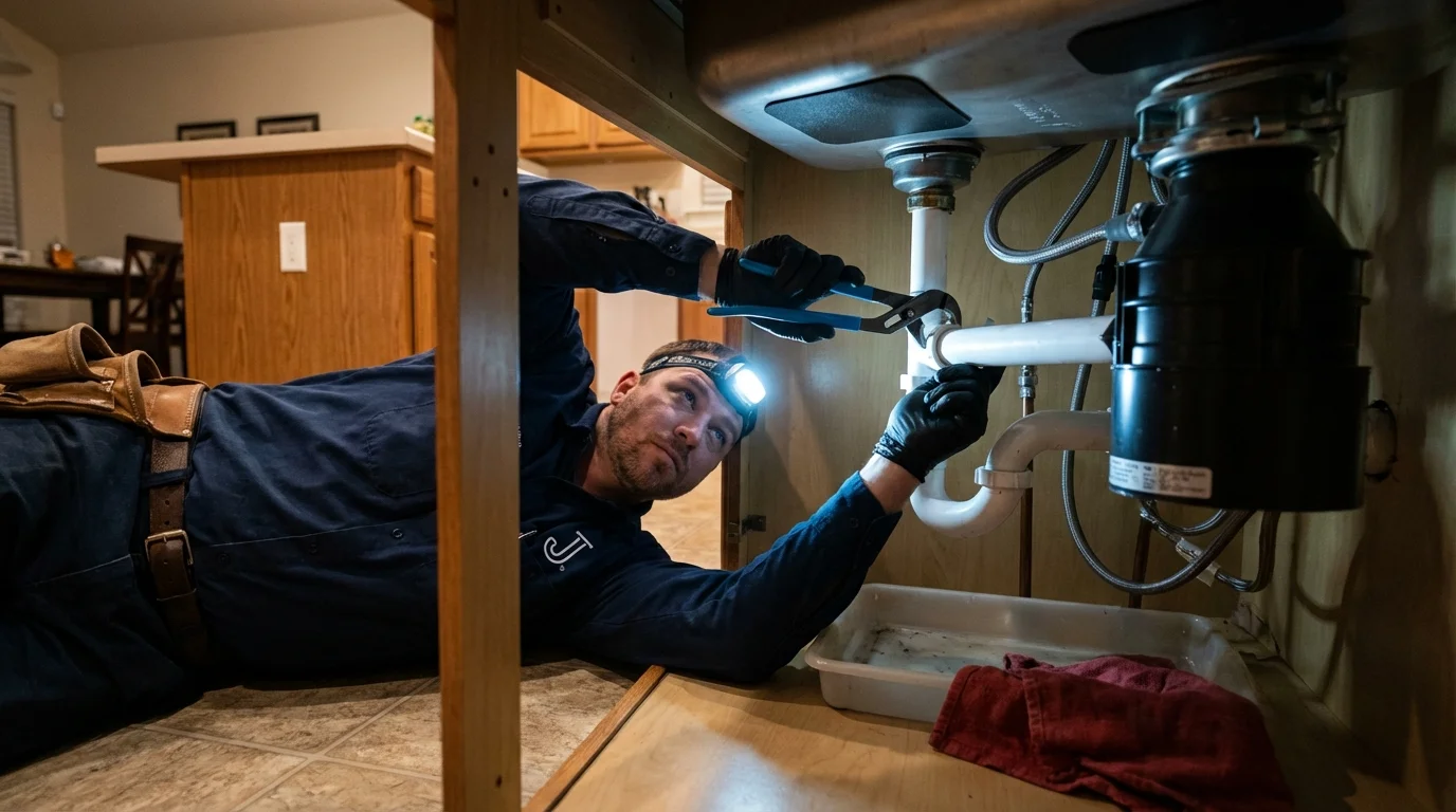 P-trap and supply line connections under a kitchen sink showing a common leak point in Whately, MA